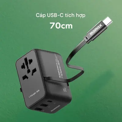 Bộ sạc du lịch MOMAX UA20UK 3 cổng 1-World+ Cáp USB-C tích hợp 25W - Giải phóng bạn khỏi mọi lo lắng về sạc khi du lịch quốc tế với <strong>Bộ sạc du lịch đa năng MOMAX UA20UK GaN 3 cổng 1-World+ có cáp USB-C tích hợp 25W tương thích hơn 200 quốc gia</strong>. Tương thích hơn 200 quốc gia với các chân cắm tích hợp thông minh, bộ sạc <strong>MOMAX UA20UK</strong> mang đến tổng công suất sạc 25W đáng tin cậy nhờ công nghệ GaN. Với 3 cổng sạc (2 USB-C & 1 USB-A) và đặc biệt là cáp USB-C tích hợp sẵn, bạn có thể nạp năng lượng cho nhiều thiết bị cùng lúc mà không cần mang theo dây rời. Nhỏ gọn, an toàn và cực kỳ đa năng. <strong>MOMAX UA20UK</strong> là giải pháp năng lượng "tất cả trong một", đáng tin cậy cho mọi chuyến đi.
