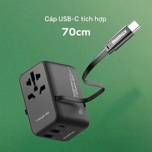 Bộ sạc du lịch MOMAX UA20UK 3 cổng 1-World+ Cáp USB-C tích hợp 25W - Hình ảnh 2