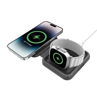 Bộ sạc không dây MOMAX UD30MFI Q.Mag Go 2 trong 1 MagSafe 15W - Đơn giản hóa không gian sạc của bạn với <strong>bộ sạc không dây MOMAX UD30MFI</strong> Q.Mag Go 2 trong 1. Sản phẩm này là giải pháp sạc tiện lợi cho người dùng Apple, tích hợp sạc không dây MagSafe 15W đạt chuẩn MFi (Made for iPhone) cho iPhone 12 trở lên và một pad sạc Qi 5W riêng biệt cho AirPods (có hộp sạc không dây) hoặc các thiết bị Qi nhỏ khác. Thiết kế 2 trong 1 nhỏ gọn, có khả năng gập lại, lý tưởng cho bàn làm việc, đầu giường hoặc mang theo khi du lịch. Công nghệ từ tính đảm bảo căn chỉnh hoàn hảo. An toàn, hiệu quả và được chứng nhận bởi Apple, <strong>MOMAX UD30MFI</strong> là phụ kiện sạc không dây 2 trong 1 đáng tin cậy.