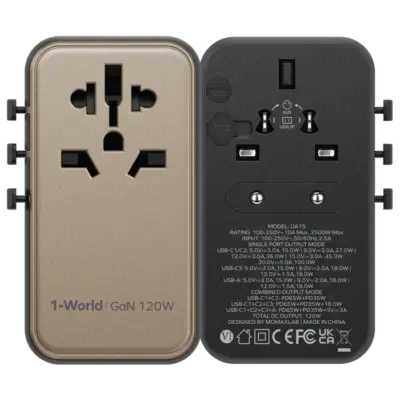Bộ sạc du lịch MOMAX UA15UKGSD GaN 4 cổng 1-World Universal 120W + Cáp USB-C - Khám phá thế giới không lo hết pin với <strong>Bộ sạc du lịch đa năng MOMAX UA15UKGSD GaN 4 cổng 1-World Universal 120W tương thích hơn 200 quốc gia</strong>. Tích hợp sẵn các loại chân cắm, bộ sạc <strong>MOMAX UA15UKGSD</strong> hoạt động tại hơn 200 quốc gia. Tổng công suất 120W mạnh mẽ nhờ công nghệ GaN tiên tiến, cùng với 4 cổng sạc (USB-C PD & USB-A QC), cho phép bạn nạp năng lượng đồng thời cho mọi thiết bị, kể cả laptop. Nhỏ gọn, an toàn và cực kỳ đa năng. <strong>MOMAX UA15UKGSD</strong> là giải pháp năng lượng "tất cả trong một", đáng tin cậy cho mọi hành trình, giữ thiết bị của bạn luôn sẵn sàng hoạt động ở bất kỳ đâu trên thế giới.