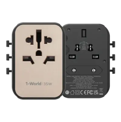 Bộ sạc du lịch MOMAX UA9UK 5 cổng 1-World 35W - Du lịch khắp thế giới một cách dễ dàng và tiện lợi với <strong>Bộ sạc du lịch MOMAX UA9UK 5 cổng 1-World 35W tương thích hơn 200 quốc gia</strong>. Tích hợp sẵn các loại chân cắm cho hơn 200 quốc gia, bộ sạc <strong>MOMAX UA9UK</strong> mang đến tổng công suất 35W đáng tin cậy. Với 5 cổng sạc (3 USB-C & 2 USB-A), bạn có thể nạp năng lượng đồng thời cho điện thoại, máy tính bảng và nhiều thiết bị khác. Nhỏ gọn, an toàn và cực kỳ đa năng. <strong>MOMAX UA9UK</strong> là người bạn đồng hành lý tưởng cho mọi chuyến đi, đơn giản hóa hành lý và giữ thiết bị của bạn luôn sẵn sàng hoạt động trên khắp thế giới.