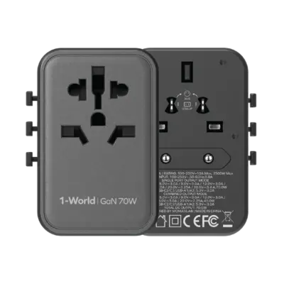 Bộ sạc du lịch MOMAX UA8AU GaN 5 cổng 1-World Universal 70W - Khám phá thế giới không lo hết pin với <strong>Bộ sạc du lịch đa năng MOMAX UA8AU GaN 5 cổng 1-World Universal 70W tương thích hơn 200 quốc gia</strong>. Tích hợp sẵn các loại chân cắm, bộ sạc <strong>MOMAX UA8AU</strong> hoạt động tại hơn 200 quốc gia. Tổng công suất 70W mạnh mẽ nhờ công nghệ GaN tiên tiến, cùng với 5 cổng sạc (3 USB-C PD & 2 USB-A QC), cho phép bạn nạp năng lượng đồng thời cho mọi thiết bị. Nhỏ gọn, an toàn và cực kỳ đa năng. <strong>MOMAX UA8AU</strong> là giải pháp năng lượng "tất cả trong một", đáng tin cậy cho mọi hành trình, giữ thiết bị của bạn luôn sẵn sàng hoạt động ở bất kỳ đâu trên thế giới.