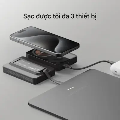 Pin dự phòng không dây từ tính MOMAX IP132 Power X Pro+ 10000mAh có cáp USB-C tích hợp - Đáp ứng nhu cầu năng lượng cho cả ngày dài với <strong>Pin dự phòng không dây từ tính MOMAX IP132 Power X Pro+ 10000mAh</strong>. Với dung lượng lớn 10000mAh, thiết bị này cung cấp đủ năng lượng để sạc nhiều lần cho điện thoại và các thiết bị khác. Công nghệ sạc không dây từ tính "hít" chặt vào mặt lưng iPhone (hỗ trợ MagSafe) mang lại sự tiện lợi tối đa, không còn lo lệch vị trí. Đặc biệt, cáp USB-C tích hợp là "vị cứu tinh" khi bạn quên cáp riêng, dùng để sạc lại pin hoặc sạc cho thiết bị khác. <strong>MOMAX IP132 Power X Pro+ 10000mAh</strong> là giải pháp sạc đa năng, mạnh mẽ và thiết thực cho mọi hành trình. Nâng cấp trải nghiệm sạc di động của bạn ngay hôm nay!