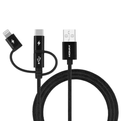 Cáp sạc bện nylon MOMAX DX1 3 trong 1 OneLink USB-A sang Micro USB & Lightning & USB-C dài 1m