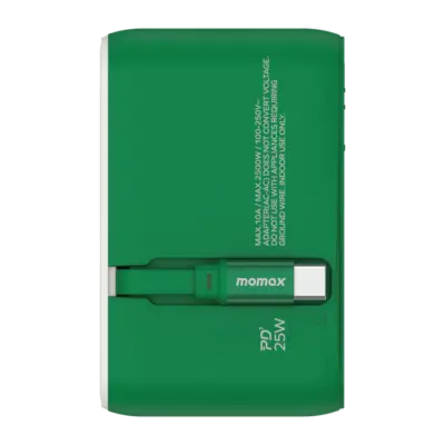 Bộ sạc du lịch MOMAX UA20UK 3 cổng 1-World+ Cáp USB-C tích hợp 25W - Giải phóng bạn khỏi mọi lo lắng về sạc khi du lịch quốc tế với <strong>Bộ sạc du lịch đa năng MOMAX UA20UK GaN 3 cổng 1-World+ có cáp USB-C tích hợp 25W tương thích hơn 200 quốc gia</strong>. Tương thích hơn 200 quốc gia với các chân cắm tích hợp thông minh, bộ sạc <strong>MOMAX UA20UK</strong> mang đến tổng công suất sạc 25W đáng tin cậy nhờ công nghệ GaN. Với 3 cổng sạc (2 USB-C & 1 USB-A) và đặc biệt là cáp USB-C tích hợp sẵn, bạn có thể nạp năng lượng cho nhiều thiết bị cùng lúc mà không cần mang theo dây rời. Nhỏ gọn, an toàn và cực kỳ đa năng. <strong>MOMAX UA20UK</strong> là giải pháp năng lượng "tất cả trong một", đáng tin cậy cho mọi chuyến đi.