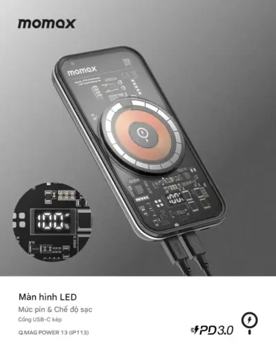Pin dự phòng không dây từ tính MOMAX IP113D Q.Mag Power 13 10000mAh - Giải phóng bạn khỏi nỗi lo hết pin với <strong>Pin dự phòng không dây từ tính MOMAX IP113D Q.Mag Power 13 10000mAh</strong>. Sở hữu dung lượng 10000mAh mạnh mẽ, đủ sức sạc đầy nhiều lần cho điện thoại và các thiết bị khác. Công nghệ từ tính Q.Mag "hít" chặt vào iPhone (hỗ trợ MagSafe) mang lại trải nghiệm sạc không dây tiện lợi, không vướng víu. Hỗ trợ sạc nhanh cả không dây và có dây qua cổng USB-C PD/QC. Với thiết kế hiện đại và hiệu năng vượt trội, <strong>MOMAX IP113D Q.Mag Power 13 10000mAh</strong> là nguồn năng lượng đáng tin cậy cho mọi hành trình của bạn.