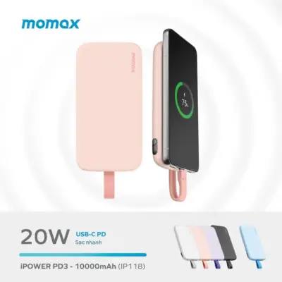 Pin dự phòng MOMAX IP118 iPower PD3 kèm cáp USB-C 10000mAh - Sẵn sàng cho mọi thử thách trong ngày cùng <strong>Pin dự phòng MOMAX IP118 iPower PD3 kèm cáp USB-C 10000mAh</strong>. Sở hữu dung lượng 10000mAh đáng tin cậy, đủ sức kéo dài thời gian sử dụng cho điện thoại, máy tính bảng và nhiều thiết bị khác. Điểm nhấn là cáp USB-C được tích hợp sẵn ngay trên thân pin – người hùng cứu nguy khi bạn quên cáp. Hỗ trợ công nghệ sạc nhanh PD3 mạnh mẽ qua cả cổng và cáp. Gọn nhẹ, tiện lợi, <strong>MOMAX IP118 iPower PD3 kèm cáp USB-C 10000mAh</strong> là người bạn đồng hành năng lượng hoàn hảo cho cuộc sống không ngừng nghỉ.