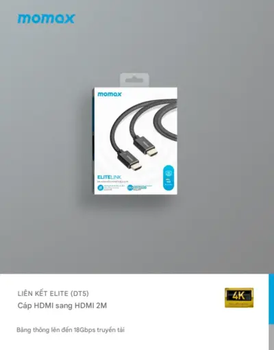 Cáp sạc bện nylon MOMAX DT5D EliteLink HDMI 2.0 dài 2m - Trải nghiệm hình ảnh và âm thanh sống động trên màn hình lớn với <strong>Cáp sạc bện nylon MOMAX DT5D EliteLink HDMI 2.0 dài 2m</strong>. Chuẩn HDMI 2.0 hỗ trợ độ phân giải 4K@60Hz sắc nét, lý tưởng cho TV, màn hình và máy chiếu. Vỏ cáp bện nylon siêu bền chuẩn Elite, chống đứt gãy và chống rối hiệu quả. Chiều dài 2m tiện lợi cho mọi thiết lập. Đáng tin cậy, bền bỉ và hiệu quả, <strong>MOMAX DT5D</strong> là sợi cáp HDMI "vạn năng" cho giải trí và làm việc. Nâng tầm kết nối HDMI của bạn với <strong>MOMAX DT5D</strong>!