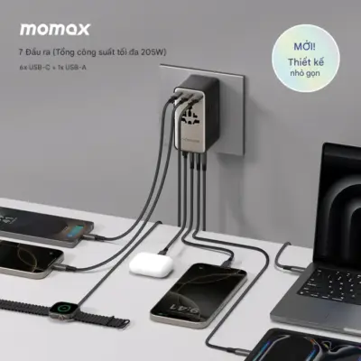 Bộ chuyển đổi du lịch MOMAX UA28L AC kép 7 cổng 205W 1-World² - Mang cả thế giới điện vào hành lý của bạn với <strong>Bộ chuyển đổi du lịch MOMAX UA28L AC kép 7 cổng 205W 1-World²</strong>. Tương thích với hơn 200 quốc gia nhờ các chân cắm tích hợp thông minh, bộ chuyển đổi <strong>MOMAX UA28L</strong> là trạm cấp nguồn vạn năng. Với tổng công suất 205W (bao gồm khả năng cấp nguồn AC và sạc USB) và đặc biệt là khả năng cấp nguồn AC kép độc đáo cùng 7 cổng USB (USB-C & USB-A), bạn có thể sạc mọi thiết bị cùng lúc, kể cả những thiết bị sử dụng phích cắm truyền thống. Nhỏ gọn, an toàn và cực kỳ đa năng. <strong>MOMAX UA28L</strong> - Giải pháp năng lượng "tất cả trong một", đáng tin cậy cho mọi chuyến đi.