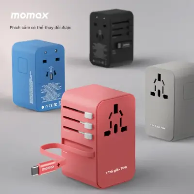 Bộ sạc du lịch đa năng MOMAX UA18U GaN 3 cổng 1-World+ có cáp USB-C tích hợp 70W tương thích hơn 200 quốc gia - Giải phóng bạn khỏi mọi lo lắng về sạc khi du lịch quốc tế với <strong>Bộ sạc du lịch đa năng MOMAX UA18U GaN 3 cổng 1-World+ có cáp USB-C tích hợp 70W tương thích hơn 200 quốc gia</strong>. Tương thích hơn 200 quốc gia với các chân cắm tích hợp, bộ sạc <strong>MOMAX UA18U</strong> mang đến tổng công suất sạc lên tới 70W mạnh mẽ nhờ công nghệ GaN. Với 3 cổng sạc (2 USB-C PD & 1 USB-A QC), bạn có thể nạp năng lượng cho mọi thiết bị cùng lúc. Đặc biệt, cáp USB-C tích hợp sẵn cực kỳ tiện lợi. <strong>MOMAX UA18U</strong> là giải pháp năng lượng "tất cả trong một", đáng tin cậy cho mọi chuyến đi, đảm bảo thiết bị của bạn luôn sẵn sàng hoạt động ở bất kỳ đâu trên thế giới.