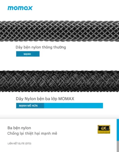Cáp sạc bện nylon MOMAX DT3D EliteLink USB-C sang HDMI dài 2m - Biến mọi màn hình lớn thành không gian làm việc hoặc giải trí của bạn với <strong>Cáp sạc bện nylon MOMAX DT3D EliteLink USB-C sang HDMI dài 2m</strong>. Dễ dàng kết nối laptop, tablet, hoặc smartphone có cổng USB-C (hỗ trợ xuất hình DisplayPort Alternate Mode) với màn hình, TV hoặc máy chiếu qua cổng HDMI. Hỗ trợ độ phân giải 4K sắc nét, vỏ cáp bện nylon siêu bền chuẩn Elite và chiều dài 2m lý tưởng. <strong>MOMAX DT3D</strong> mang đến trải nghiệm hình ảnh mượt mà, đáng tin cậy và tiện lợi. Nâng tầm hiển thị của bạn với <strong>MOMAX DT3D</strong>!