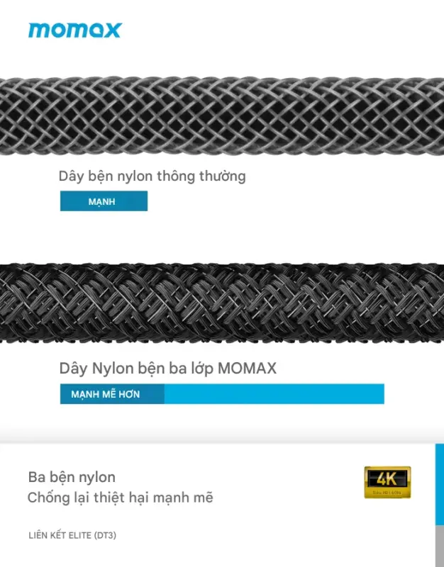 Cáp sạc bện nylon MOMAX DT3D EliteLink USB-C sang HDMI dài 2m - Biến mọi màn hình lớn thành không gian làm việc hoặc giải trí của bạn với <strong>Cáp sạc bện nylon MOMAX DT3D EliteLink USB-C sang HDMI dài 2m</strong>. Dễ dàng kết nối laptop, tablet, hoặc smartphone có cổng USB-C (hỗ trợ xuất hình DisplayPort Alternate Mode) với màn hình, TV hoặc máy chiếu qua cổng HDMI. Hỗ trợ độ phân giải 4K sắc nét, vỏ cáp bện nylon siêu bền chuẩn Elite và chiều dài 2m lý tưởng. <strong>MOMAX DT3D</strong> mang đến trải nghiệm hình ảnh mượt mà, đáng tin cậy và tiện lợi. Nâng tầm hiển thị của bạn với <strong>MOMAX DT3D</strong>!