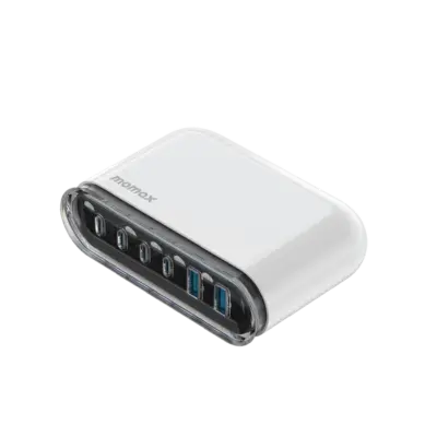 Bộ sạc MOMAX UM55 GaN 6 cổng 120W - Đơn giản hóa không gian làm việc và sạc tất cả thiết bị cùng lúc với <strong>Bộ sạc MOMAX UM55 GaN 6 cổng 120W</strong>. Sử dụng công nghệ GaN tiên tiến, bộ sạc <strong>MOMAX UM55</strong> mang đến tổng công suất 120W mạnh mẽ trong một thiết kế nhỏ gọn đáng ngạc nhiên. Với 6 cổng sạc đa dạng (thường là USB-C PD & USB-A QC), bạn có thể sạc nhanh đồng thời laptop, tablet, smartphone và nhiều phụ kiện khác. An toàn, hiệu quả và cực kỳ tiện lợi. <strong>MOMAX UM55</strong> là trung tâm năng lượng lý tưởng cho bàn làm việc hiện đại, giúp bạn luôn kết nối và làm việc hiệu quả.