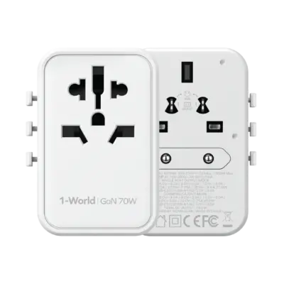Bộ sạc du lịch MOMAX UA8AU GaN 5 cổng 1-World Universal 70W - Khám phá thế giới không lo hết pin với <strong>Bộ sạc du lịch đa năng MOMAX UA8AU GaN 5 cổng 1-World Universal 70W tương thích hơn 200 quốc gia</strong>. Tích hợp sẵn các loại chân cắm, bộ sạc <strong>MOMAX UA8AU</strong> hoạt động tại hơn 200 quốc gia. Tổng công suất 70W mạnh mẽ nhờ công nghệ GaN tiên tiến, cùng với 5 cổng sạc (3 USB-C PD & 2 USB-A QC), cho phép bạn nạp năng lượng đồng thời cho mọi thiết bị. Nhỏ gọn, an toàn và cực kỳ đa năng. <strong>MOMAX UA8AU</strong> là giải pháp năng lượng "tất cả trong một", đáng tin cậy cho mọi hành trình, giữ thiết bị của bạn luôn sẵn sàng hoạt động ở bất kỳ đâu trên thế giới.