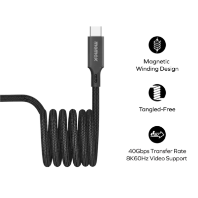 Cáp sạc MOMAX DC63D Mag.Link Magnetic USB 4.0 USB-C sang USB-C 240W 1,5m - Trải nghiệm tương lai của kết nối và năng lượng với <strong>Cáp sạc MOMAX DC63D Mag.Link Magnetic USB 4.0 USB-C sang USB-C 240W 1,5m</strong>. Sợi cáp <strong>MOMAX DC63D</strong> này mang đến sức mạnh 240W (PD 3.1 EPR) để sạc nhanh nhất cho laptop, máy trạm... cùng tốc độ truyền dữ liệu USB 4.0 lên đến 40Gbps đáng kinh ngạc. Công nghệ từ tính Mag.Link độc đáo giúp kết nối/ngắt kết nối dễ dàng, bảo vệ cổng sạc. Chiều dài 1.5m tiện lợi, độ bền vượt trội. <strong>MOMAX DC63D</strong> là phụ kiện cao cấp không thể thiếu cho những ai cần hiệu suất và sự tiện lợi đỉnh cao.