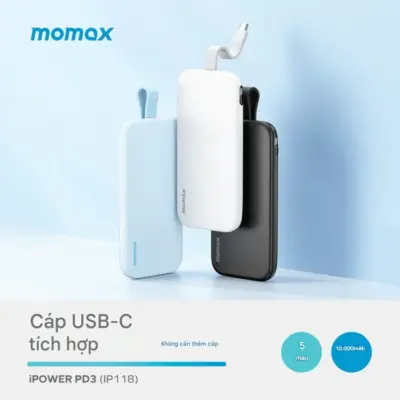 Pin dự phòng MOMAX IP118 iPower PD3 kèm cáp USB-C 10000mAh - Sẵn sàng cho mọi thử thách trong ngày cùng <strong>Pin dự phòng MOMAX IP118 iPower PD3 kèm cáp USB-C 10000mAh</strong>. Sở hữu dung lượng 10000mAh đáng tin cậy, đủ sức kéo dài thời gian sử dụng cho điện thoại, máy tính bảng và nhiều thiết bị khác. Điểm nhấn là cáp USB-C được tích hợp sẵn ngay trên thân pin – người hùng cứu nguy khi bạn quên cáp. Hỗ trợ công nghệ sạc nhanh PD3 mạnh mẽ qua cả cổng và cáp. Gọn nhẹ, tiện lợi, <strong>MOMAX IP118 iPower PD3 kèm cáp USB-C 10000mAh</strong> là người bạn đồng hành năng lượng hoàn hảo cho cuộc sống không ngừng nghỉ.