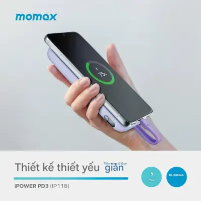 Pin dự phòng MOMAX IP118 iPower PD3 kèm cáp USB-C 10000mAh - Sẵn sàng cho mọi thử thách trong ngày cùng <strong>Pin dự phòng MOMAX IP118 iPower PD3 kèm cáp USB-C 10000mAh</strong>. Sở hữu dung lượng 10000mAh đáng tin cậy, đủ sức kéo dài thời gian sử dụng cho điện thoại, máy tính bảng và nhiều thiết bị khác. Điểm nhấn là cáp USB-C được tích hợp sẵn ngay trên thân pin – người hùng cứu nguy khi bạn quên cáp. Hỗ trợ công nghệ sạc nhanh PD3 mạnh mẽ qua cả cổng và cáp. Gọn nhẹ, tiện lợi, <strong>MOMAX IP118 iPower PD3 kèm cáp USB-C 10000mAh</strong> là người bạn đồng hành năng lượng hoàn hảo cho cuộc sống không ngừng nghỉ.