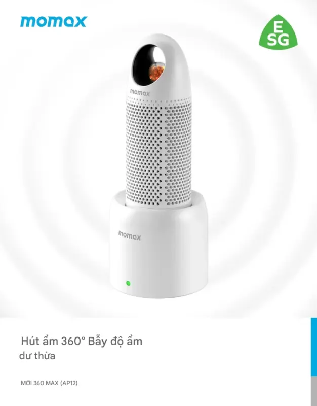 Bộ máy hút ẩm tái sử dụng MOMAX AP12 Fresh 360 Max - Bảo vệ không gian của bạn khỏi ẩm mốc và mùi hôi khó chịu với <strong>Bộ máy hút ẩm tái sử dụng MOMAX AP12</strong> Fresh 360 Max. Sử dụng các hạt hút ẩm tiên tiến, <strong>MOMAX AP12</strong> hấp thụ độ ẩm dư thừa hiệu quả trong tủ quần áo, tủ giày, ngăn kéo, tủ sách, hộp lưu trữ... Đặc biệt, sản phẩm có thể tái sử dụng nhiều lần chỉ bằng cách sấy khô hạt hút ẩm (thường đi kèm bộ sạc/đế sấy), tiết kiệm chi phí và thân thiện môi trường. Thiết kế nhỏ gọn, không dây, <strong>MOMAX AP12</strong> có thể đặt ở mọi nơi. Với <strong>Bộ máy hút ẩm MOMAX AP12</strong>, không gian của bạn sẽ luôn khô ráo, thoáng đãng và sạch mùi.
