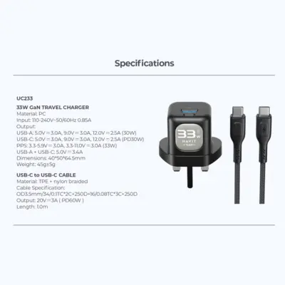 Combo Cốc - Cáp Sạc Nhanh HAVIT UC233, Sạc Nhanh PD 30W + USB-A 30W, Cáp C-C PD 60W - BH 12 Tháng - Nâng cấp toàn diện trải nghiệm sạc của bạn với combo cốc cáp sạc nhanh <strong>HAVIT UC233</strong>. Bộ sản phẩm "tất cả trong một" này bao gồm củ sạc 2 cổng mạnh mẽ (USB-C PD 30W và USB-A 30W) cùng sợi cáp Type-C to Type-C hỗ trợ công suất đến 60W. Sạc nhanh cho hai thiết bị cùng lúc, từ iPhone, Samsung cho đến cả MacBook Air. Cáp bọc dù siêu bền, chống rối và chống đứt gãy, đảm bảo tuổi thọ vượt trội. Tích hợp chip thông minh bảo vệ an toàn tuyệt đối cho thiết bị của bạn. Với chính sách bảo hành 12 tháng, <strong>HAVIT UC233</strong> là giải pháp năng lượng mạnh mẽ, tiện lợi và đáng tin cậy nhất.