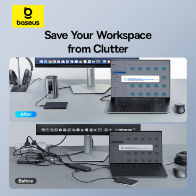 Thiết bị mở rộng hiệu Baseus Spacemate Series 11-in-1 (WIN) - Biến chiếc laptop Windows của bạn thành một trạm làm việc đa năng tối thượng với <strong>Baseus Spacemate Series 11-in-1</strong>. Đây là giải pháp kết nối toàn diện, mở rộng một cổng Type-C thành 11 cổng chức năng mạnh mẽ: 2 cổng HDMI 4K xuất 2 màn hình mở rộng độc lập, 3 cổng USB 3.2 Gen 2 truyền dữ liệu 10Gbps siêu tốc, mạng LAN Gigabit, đầu đọc thẻ SD/TF, jack 3.5mm và sạc PD 100W. Với thiết kế đứng dọc độc đáo, sản phẩm giúp tiết kiệm không gian bàn làm việc và tản nhiệt hiệu quả. Hãy giải phóng tiềm năng của laptop và tối ưu hóa không gian làm việc của bạn với <strong>Baseus Spacemate Series 11-in-1</strong>.