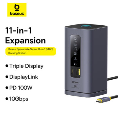 Thiết bị mở rộng hiệu Baseus Spacemate Series 11-in-1 (MAC) - Biến chiếc MacBook của bạn thành một trạm làm việc tối thượng với <strong>Baseus Spacemate Series 11-in-1</strong>. Đây là giải pháp kết nối toàn diện, mở rộng một cổng Type-C thành 11 cổng chức năng mạnh mẽ: 2 cổng HDMI 4K xuất 2 màn hình độc lập, 3 cổng USB 3.2 Gen 2 truyền dữ liệu 10Gbps siêu tốc, mạng LAN Gigabit, đầu đọc thẻ SD/TF, jack 3.5mm và sạc PD 100W. Với thiết kế đứng dọc độc đáo, sản phẩm giúp tiết kiệm không gian bàn làm việc và tản nhiệt hiệu quả. Vỏ nhôm cao cấp, sang trọng, <strong>Baseus Spacemate Series 11-in-1</strong> là trung tâm chỉ huy, giải phóng toàn bộ tiềm năng sáng tạo và hiệu suất làm việc của bạn.