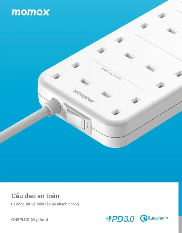 Ổ cắm điện 4 ổ cắm MOMAX US5UK 8 ổ cắm Oneplug có cổng USB - Tối ưu hóa không gian và khả năng cấp nguồn cho mọi thiết bị của bạn với <strong>Ổ cắm điện MOMAX US5UK</strong> OnePlug. Thiết kế dạng tháp/hình khối độc đáo tích hợp nhiều ổ cắm chuẩn UK và các cổng sạc USB tiện lợi (hỗ trợ sạc nhanh tùy phiên bản), giải quyết triệt để vấn đề thiếu ổ cắm. <strong>MOMAX US5UK</strong> cho phép bạn cấp nguồn và sạc đồng thời hàng loạt thiết bị từ đồ gia dụng đến smartphone, tablet, một cách an toàn. Tích hợp các tính năng bảo vệ tiên tiến, <strong>MOMAX US5UK</strong> mang đến sự an tâm tuyệt đối. Giải pháp năng lượng trung tâm, hiệu quả cho gia đình và văn phòng.