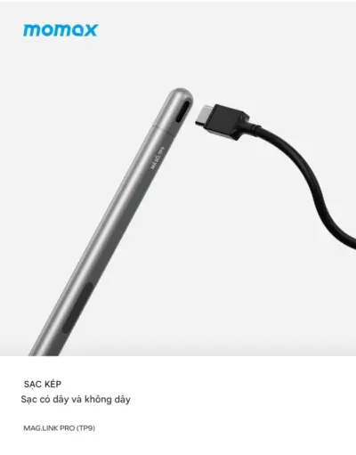 Bút cảm ứng MOMAX TP9 chủ động sạc từ Mag.Link dành cho iPad - Nâng tầm trải nghiệm sáng tạo và ghi chú trên iPad với <strong>Bút cảm ứng MOMAX TP9</strong> Mag.Link. Được thiết kế để hoạt động liền mạch với iPad, <strong>MOMAX TP9</strong> hỗ trợ sạc không dây từ tính Mag.Link (gắn cạnh iPad), giúp bạn sạc tiện lợi và giữ bút an toàn. Độ nhạy cao, độ trễ thấp, hỗ trợ cảm ứng nghiêng cho nét vẽ tự nhiên. <strong>MOMAX TP9</strong> là công cụ lý tưởng để vẽ, phác thảo, ghi chú và điều hướng trên iPad. Thiết kế cao cấp, dễ sử dụng. Với <strong>Bút cảm ứng MOMAX TP9</strong>, biến chiếc iPad của bạn thành cuốn sổ tay và bảng vẽ kỹ thuật số chuyên nghiệp.