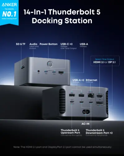 Trạm Chuyển Đổi Anker Prime Thunderbolt 5 Docking Station 14in1 - Kết Nối Tối Thượng, 8K Sắc Nét, Sạc 140W - Khai phóng tiềm năng tối đa cho không gian làm việc chuyên nghiệp của bạn với <strong>Anker Prime Thunderbolt 5 Docking Station 14in1</strong>. Đây là trung tâm kết nối tối thượng, được thiết kế cho các chuyên gia sáng tạo và power user. Với công nghệ Thunderbolt 5 đột phá, trạm chuyển đổi này cung cấp băng thông 80Gbps, hỗ trợ xuất hình ảnh ra nhiều màn hình 8K và sạc nhanh 140W cho laptop của bạn, tất cả chỉ qua một sợi cáp duy nhất. Với 14 cổng kết nối đa dạng từ Thunderbolt 5, USB-C, USB-A, DisplayPort, Ethernet 2.5G đến khe cắm thẻ nhớ, đây là giải pháp toàn diện để loại bỏ mọi giới hạn, dọn dẹp bàn làm việc và nâng cao hiệu suất công việc lên một tầm cao mới.
