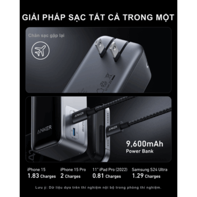 Pin Sạc Dự Phòng Anker A1339 - Pin Sạc Dự Phòng Anker Prime Fusion 9600mAh 65W A1339 - <strong>Pin Sạc Dự Phòng Anker Prime Fusion A1339</strong> dung lượng 9.600mAh, công suất 65W, tích hợp sạc tường và cáp USB-C, hỗ trợ sạc nhanh cho iPhone, Samsung, MacBook. Công nghệ GaNPrime và màn hình LCD 1.3 inch hiển thị thông tin sạc. <strong>A1339</strong> nhỏ gọn, tiện lợi, lý tưởng cho di chuyển.