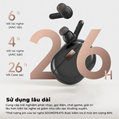 Tai nghe Bluetooth True Wireless SoundPEATS Air4 Pro, In-ear, Driver 13mm, Pin 26H, IPX4, Bluetooth 5.3, ANC, aptX Lossless - Tai nghe <strong>SoundPEATS Air4 Pro</strong> thiết kế in-ear, driver 13mm, âm thanh Hi-Res với codec aptX Lossless và Snapdragon Sound. Pin 6.5H (tai nghe), 26H (với hộp sạc), sạc USB-C. IPX4 chống nước, 6 mic ENC, Bluetooth 5.3, độ trễ 88ms (Game Mode). Công nghệ chống ồn chủ động Hybrid ANC (-45dB). App PeatsAudio tùy chỉnh EQ. Bảo hành 12 tháng, lý tưởng nghe nhạc, chơi game, đàm thoại.