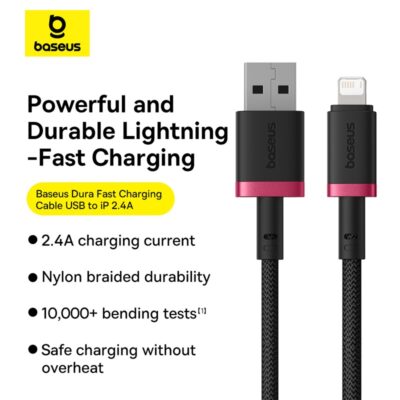 Cáp sạc nhanh hiệu Baseus Dura Series USB to iP 2.4A 1m - Bạn đã quá mệt mỏi với những sợi cáp sạc zin mỏng manh và dễ hỏng? Cáp sạc <strong>Baseus Dura Series USB to iP 2.4A</strong> chính là sự nâng cấp hoàn hảo, mang đến độ bền vượt trội và hiệu suất sạc đáng tin cậy. Với lớp vỏ bện dù nylon và khớp nối được gia cố đặc biệt, sản phẩm chống gãy gập và chống rối hiệu quả. Hỗ trợ dòng sạc nhanh ổn định 2.4A, sợi cáp đảm bảo nạp năng lượng hiệu quả cho iPhone, iPad của bạn từ các nguồn sạc USB-A thông thường. Với chiều dài 1m lý tưởng, <strong>Baseus Dura Series USB to iP 2.4A</strong> là sự lựa chọn thông minh và bền bỉ cho mọi người dùng Apple.