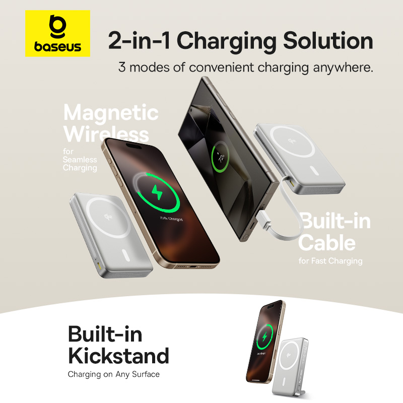 Sạc dự phòng hiệu Baseus Nomos Qi2 15W 3-in-1 Magnetic có chân đế 10000mAh 45W - Đón đầu tương lai của sạc di động với <strong>Baseus Nomos Qi2 3-in-1 Magnetic 10000mAh 45W</strong>. Đây là giải pháp năng lượng tối thượng, kết hợp sạc không dây từ tính chuẩn Qi2 15W hiệu suất cao và sạc có dây Power Delivery 45W mạnh mẽ, đủ sức sạc nhanh cho cả MacBook. Thiết kế "3 trong 1" thông minh biến nó thành một viên pin di động, một chân đế sạc để bàn thanh lịch và một trạm sạc có dây đa năng. Với dung lượng 10000mAh, màn hình kỹ thuật số và thiết kế cao cấp, <strong>Baseus Nomos Qi2 3-in-1 Magnetic 10000mAh 45W</strong> là người bạn đồng hành hoàn hảo cho người dùng công nghệ đòi hỏi cao nhất về hiệu năng và sự tiện lợi.