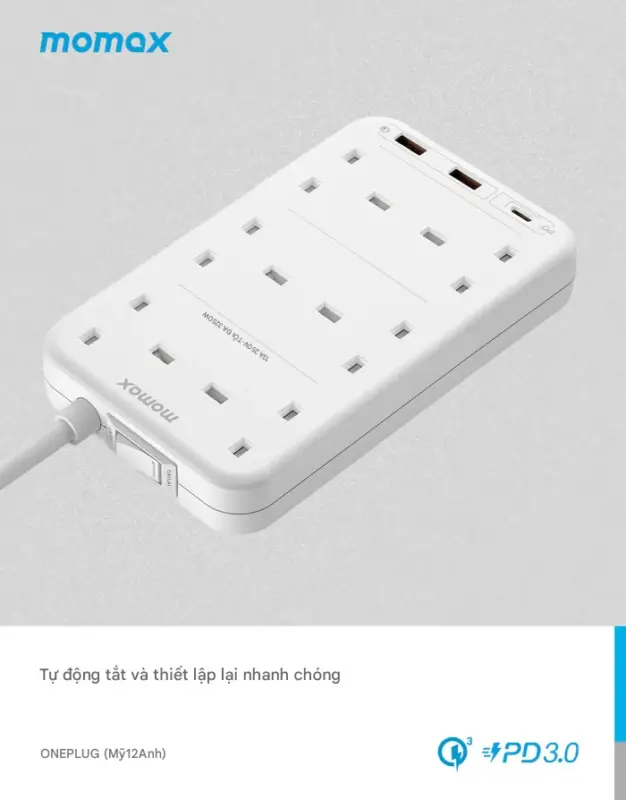 Ổ cắm điện 4 ổ cắm MOMAX US12UK 6 ổ cắm OnePlug có cổng USB - Giải quyết mọi vấn đề thiếu ổ cắm và sạc cho nhiều thiết bị cùng lúc với <strong>Ổ cắm điện MOMAX US12UK</strong> OnePlug dạng tháp. Thiết kế tiết kiệm không gian này tích hợp nhiều ổ cắm chuẩn UK và các cổng sạc USB tiện lợi (hỗ trợ sạc nhanh tùy phiên bản), cung cấp đủ điểm cấp nguồn cho mọi thiết bị của bạn, từ laptop đến smartphone, máy tính bảng. Tích hợp các tính năng bảo vệ an toàn tiên tiến, <strong>MOMAX US12UK</strong> mang đến sự an tâm tuyệt đối. Đây là giải pháp năng lượng trung tâm, hiệu quả cho gia đình, văn phòng, hoặc các khu vực cần nhiều điểm cấp nguồn an toàn.