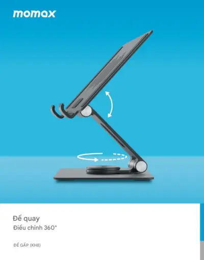 Giá đỡ máy tính bảng xoay gấp MOMAX KH8 - Nâng tầm trải nghiệm sử dụng máy tính bảng của bạn với <strong>Giá đỡ máy tính bảng xoay gấp MOMAX KH8</strong>. Thiết kế đa năng cho phép xoay 360 độ và gấp gọn tiện lợi, giúp bạn thoải mái xem phim, làm việc, học online hay gọi video rảnh tay. <strong>MOMAX KH8</strong> được chế tạo từ vật liệu bền bỉ, mang lại sự ổn định và chắc chắn cho thiết bị của bạn. Điều chỉnh góc nhìn dễ dàng để có tư thế thoải mái nhất, giảm mỏi cổ và lưng. <strong>Giá đỡ MOMAX KH8</strong> là phụ kiện hoàn hảo cho mọi không gian, từ bàn làm việc đến nhà bếp hay khi di chuyển.