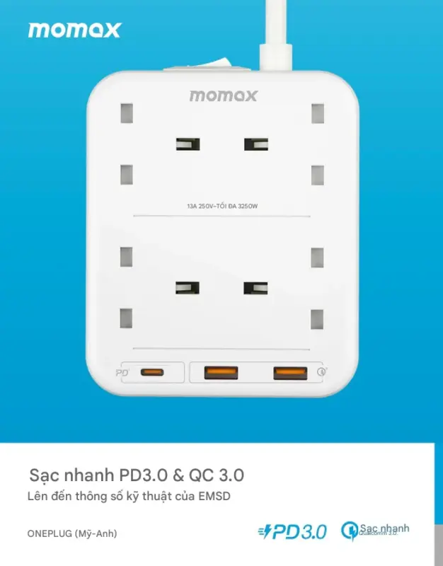 Ổ cắm điện 4 ổ cắm MOMAX US3UK OnePlug có cổng USB - Giải pháp tiện lợi cho không gian làm việc và sinh hoạt của bạn! <strong>Ổ cắm điện MOMAX US3UK</strong> OnePlug tích hợp 4 ổ cắm chuẩn UK và các cổng sạc USB hữu ích (có thể hỗ trợ sạc nhanh tùy phiên bản). Thiết kế nhỏ gọn, dễ dàng đặt trên bàn, sàn nhà hoặc mang theo khi cần. <strong>MOMAX US3UK</strong> cho phép bạn cấp nguồn cho các thiết bị điện và sạc đồng thời điện thoại, máy tính bảng. Tích hợp các tính năng bảo vệ an toàn tiên tiến, <strong>Ổ cắm điện MOMAX US3UK</strong> mang đến sự an tâm tuyệt đối. Đơn giản, hiệu quả và đáng tin cậy.
