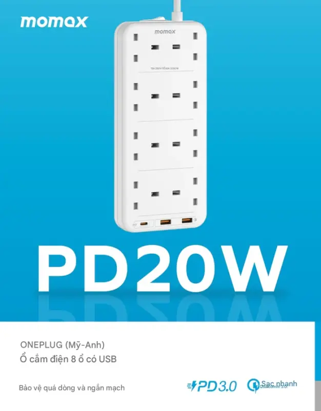 Ổ cắm điện 4 ổ cắm MOMAX US5UK 8 ổ cắm Oneplug có cổng USB - Tối ưu hóa không gian và khả năng cấp nguồn cho mọi thiết bị của bạn với <strong>Ổ cắm điện MOMAX US5UK</strong> OnePlug. Thiết kế dạng tháp/hình khối độc đáo tích hợp nhiều ổ cắm chuẩn UK và các cổng sạc USB tiện lợi (hỗ trợ sạc nhanh tùy phiên bản), giải quyết triệt để vấn đề thiếu ổ cắm. <strong>MOMAX US5UK</strong> cho phép bạn cấp nguồn và sạc đồng thời hàng loạt thiết bị từ đồ gia dụng đến smartphone, tablet, một cách an toàn. Tích hợp các tính năng bảo vệ tiên tiến, <strong>MOMAX US5UK</strong> mang đến sự an tâm tuyệt đối. Giải pháp năng lượng trung tâm, hiệu quả cho gia đình và văn phòng.
