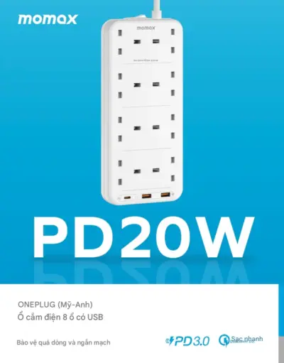 Ổ cắm điện 4 ổ cắm MOMAX US5UK 8 ổ cắm Oneplug có cổng USB - Tối ưu hóa không gian và khả năng cấp nguồn cho mọi thiết bị của bạn với <strong>Ổ cắm điện MOMAX US5UK</strong> OnePlug. Thiết kế dạng tháp/hình khối độc đáo tích hợp nhiều ổ cắm chuẩn UK và các cổng sạc USB tiện lợi (hỗ trợ sạc nhanh tùy phiên bản), giải quyết triệt để vấn đề thiếu ổ cắm. <strong>MOMAX US5UK</strong> cho phép bạn cấp nguồn và sạc đồng thời hàng loạt thiết bị từ đồ gia dụng đến smartphone, tablet, một cách an toàn. Tích hợp các tính năng bảo vệ tiên tiến, <strong>MOMAX US5UK</strong> mang đến sự an tâm tuyệt đối. Giải pháp năng lượng trung tâm, hiệu quả cho gia đình và văn phòng.