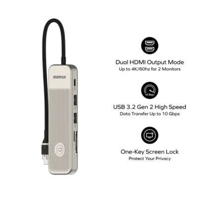 Bộ chuyển đổi đa cổng MOMAX DH19L Hub USB-C 1 liên kết 9 trong 1 - Nâng cao khả năng kết nối của laptop, máy tính bảng hay điện thoại lên một tầm cao mới với <strong>Bộ chuyển đổi đa cổng MOMAX DH19L</strong> Hub USB-C 1-Link 9 trong 1. Biến một cổng USB-C duy nhất thành 9 cổng thiết yếu, bao gồm HDMI (hỗ trợ 4K), Ethernet (RJ45), nhiều cổng USB-A tốc độ cao, USB-C PD, và khe đọc thẻ SD/MicroSD. <strong>MOMAX DH19L</strong> là trung tâm kết nối hoàn hảo cho mọi công việc, giúp bạn kết nối mạng dây ổn định, truyền dữ liệu siêu nhanh, xuất hình ảnh chất lượng cao và sạc thiết bị cùng lúc. Thiết kế kim loại sang trọng, bền bỉ. Với <strong>MOMAX DH19L</strong>, bạn sẽ có mọi kết nối cần thiết ngay trong tầm tay.