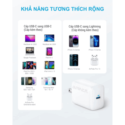 Sạc Nhanh Anker 312 Ace 30W (B2640) Kèm Cáp C to C - Anker B2640 30W Chính Hãng, Giá Tốt - Trải nghiệm tốc độ sạc vượt trội với bộ củ cáp sạc nhanh Anker 312 Ace 30W. Đây là giải pháp sạc toàn diện với củ sạc <strong>Anker B2640 30W</strong> mạnh mẽ, tích hợp công nghệ PowerIQ 3.0 thông minh, cung cấp công suất tối ưu cho mọi thiết bị từ iPhone 15, iPad Pro đến MacBook Air. Thiết kế siêu nhỏ gọn, nhẹ hơn 30% so với sạc gốc, dễ dàng mang theo mọi lúc mọi nơi. <strong>Điểm nổi bật:</strong> <ul> <li><strong>Sạc Nhanh 30W:</strong> Sạc đầy 50% pin iPhone chỉ trong 25 phút.</li> <li><strong>Công nghệ ActiveShield™:</strong> Giám sát nhiệt độ 3 triệu lần mỗi ngày, đảm bảo an toàn tuyệt đối.</li> <li><strong>Siêu nhỏ gọn:</strong> Thiết kế gập tiện lợi, lý tưởng cho du lịch.</li> <li><strong>Trọn bộ tiện lợi:</strong> Đi kèm cáp USB-C to USB-C siêu bền, chịu được 30.000 lần uốn cong.</li> </ul> Cam kết hàng chính hãng Anker 100%, bảo hành 18 tháng. Đặt mua bộ sạc <strong>Anker B2640 30W</strong> ngay hôm nay để không bỏ lỡ những ưu đãi hấp dẫn!