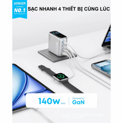 Sạc Anker Zolo 140W B2697 GaN - 3 Cổng USB-C, 1 Cổng USB-A, Màn Hình LED Thông Minh, Power Delivery 3.1 | Anker Zolo 140W B2697 Chính Hãng - Giải phóng sức mạnh sạc tối thượng với bộ sạc <strong>Anker Zolo 140W B2697</strong> GaNPrime™. Sở hữu công suất khổng lồ 140W và 3 cổng USB-C, đây là trạm sạc di động mạnh mẽ nhất, có khả năng sạc đồng thời 3 thiết bị, bao gồm cả MacBook Pro 16", iPad và iPhone với tốc độ chóng mặt. Điểm nhấn độc đáo là màn hình LED thông minh hiển thị công suất sạc real-time, giúp bạn kiểm soát năng lượng trong tầm tay. Công nghệ ActiveShield™ 2.0 đảm bảo an toàn tuyệt đối. <strong>Điểm nổi bật:</strong> <strong>Công suất 140W:</strong> Hỗ trợ chuẩn PD 3.1, sạc siêu nhanh cho laptop. <ul> <li><strong>3 Cổng USB-C:</strong> Sạc cùng lúc laptop, máy tính bảng và điện thoại.</li> <li><strong>Màn hình LED độc đáo:</strong> Theo dõi trực quan công suất sạc của từng cổng.</li> <li><strong>Công nghệ GaNPrime™:</strong> Hiệu suất cao, mát mẻ và kích thước nhỏ gọn.</li> </ul> Trọn bộ sản phẩm <strong>Anker Zolo 140W B2697</strong> đi kèm cáp C to C 140W. Cam kết chính hãng, bảo hành 18 tháng. Nâng tầm trải nghiệm sạc của bạn ngay hôm nay!
