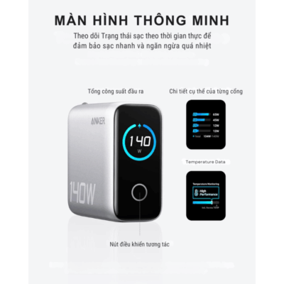 Sạc Anker Zolo 140W B2697 GaN - 3 Cổng USB-C, 1 Cổng USB-A, Màn Hình LED Thông Minh, Power Delivery 3.1 | Anker Zolo 140W B2697 Chính Hãng - Giải phóng sức mạnh sạc tối thượng với bộ sạc <strong>Anker Zolo 140W B2697</strong> GaNPrime™. Sở hữu công suất khổng lồ 140W và 3 cổng USB-C, đây là trạm sạc di động mạnh mẽ nhất, có khả năng sạc đồng thời 3 thiết bị, bao gồm cả MacBook Pro 16", iPad và iPhone với tốc độ chóng mặt. Điểm nhấn độc đáo là màn hình LED thông minh hiển thị công suất sạc real-time, giúp bạn kiểm soát năng lượng trong tầm tay. Công nghệ ActiveShield™ 2.0 đảm bảo an toàn tuyệt đối. <strong>Điểm nổi bật:</strong> <strong>Công suất 140W:</strong> Hỗ trợ chuẩn PD 3.1, sạc siêu nhanh cho laptop. <ul> <li><strong>3 Cổng USB-C:</strong> Sạc cùng lúc laptop, máy tính bảng và điện thoại.</li> <li><strong>Màn hình LED độc đáo:</strong> Theo dõi trực quan công suất sạc của từng cổng.</li> <li><strong>Công nghệ GaNPrime™:</strong> Hiệu suất cao, mát mẻ và kích thước nhỏ gọn.</li> </ul> Trọn bộ sản phẩm <strong>Anker Zolo 140W B2697</strong> đi kèm cáp C to C 140W. Cam kết chính hãng, bảo hành 18 tháng. Nâng tầm trải nghiệm sạc của bạn ngay hôm nay!