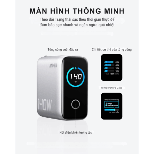 Sạc Anker Zolo 140W B2697 GaN - 3 Cổng USB-C, 1 Cổng USB-A, Màn Hình LED Thông Minh, Power Delivery 3.1 | Anker Zolo 140W B2697 Chính Hãng - Hình ảnh 5
