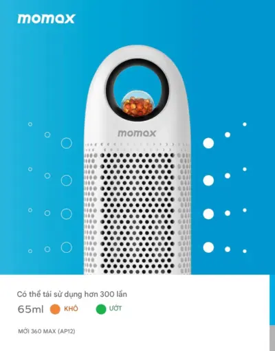 Bộ máy hút ẩm tái sử dụng MOMAX AP12 Fresh 360 Max - Bảo vệ không gian của bạn khỏi ẩm mốc và mùi hôi khó chịu với <strong>Bộ máy hút ẩm tái sử dụng MOMAX AP12</strong> Fresh 360 Max. Sử dụng các hạt hút ẩm tiên tiến, <strong>MOMAX AP12</strong> hấp thụ độ ẩm dư thừa hiệu quả trong tủ quần áo, tủ giày, ngăn kéo, tủ sách, hộp lưu trữ... Đặc biệt, sản phẩm có thể tái sử dụng nhiều lần chỉ bằng cách sấy khô hạt hút ẩm (thường đi kèm bộ sạc/đế sấy), tiết kiệm chi phí và thân thiện môi trường. Thiết kế nhỏ gọn, không dây, <strong>MOMAX AP12</strong> có thể đặt ở mọi nơi. Với <strong>Bộ máy hút ẩm MOMAX AP12</strong>, không gian của bạn sẽ luôn khô ráo, thoáng đãng và sạch mùi.