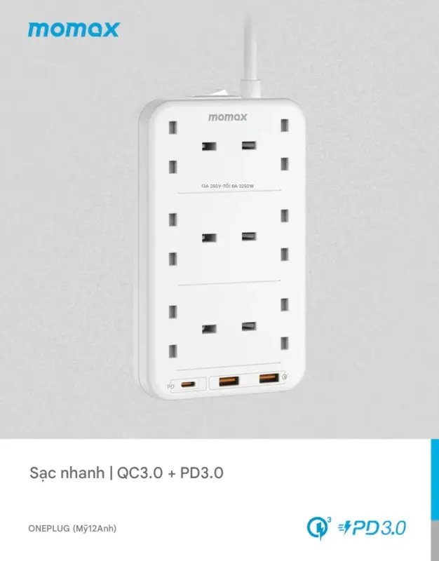 Ổ cắm điện 4 ổ cắm MOMAX US12UK 6 ổ cắm OnePlug có cổng USB - Giải quyết mọi vấn đề thiếu ổ cắm và sạc cho nhiều thiết bị cùng lúc với <strong>Ổ cắm điện MOMAX US12UK</strong> OnePlug dạng tháp. Thiết kế tiết kiệm không gian này tích hợp nhiều ổ cắm chuẩn UK và các cổng sạc USB tiện lợi (hỗ trợ sạc nhanh tùy phiên bản), cung cấp đủ điểm cấp nguồn cho mọi thiết bị của bạn, từ laptop đến smartphone, máy tính bảng. Tích hợp các tính năng bảo vệ an toàn tiên tiến, <strong>MOMAX US12UK</strong> mang đến sự an tâm tuyệt đối. Đây là giải pháp năng lượng trung tâm, hiệu quả cho gia đình, văn phòng, hoặc các khu vực cần nhiều điểm cấp nguồn an toàn.