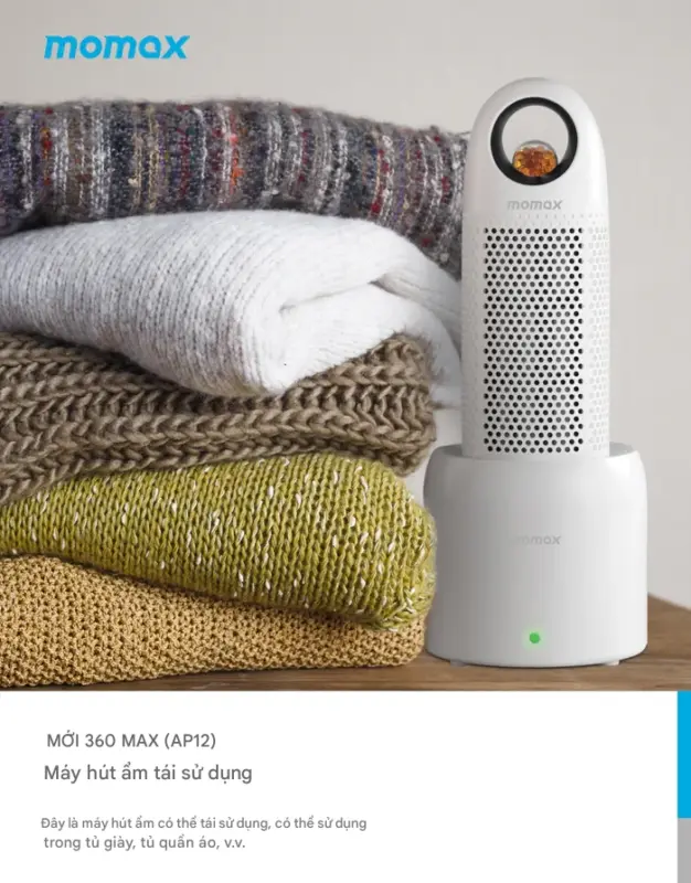Bộ máy hút ẩm tái sử dụng MOMAX AP12 Fresh 360 Max - Bảo vệ không gian của bạn khỏi ẩm mốc và mùi hôi khó chịu với <strong>Bộ máy hút ẩm tái sử dụng MOMAX AP12</strong> Fresh 360 Max. Sử dụng các hạt hút ẩm tiên tiến, <strong>MOMAX AP12</strong> hấp thụ độ ẩm dư thừa hiệu quả trong tủ quần áo, tủ giày, ngăn kéo, tủ sách, hộp lưu trữ... Đặc biệt, sản phẩm có thể tái sử dụng nhiều lần chỉ bằng cách sấy khô hạt hút ẩm (thường đi kèm bộ sạc/đế sấy), tiết kiệm chi phí và thân thiện môi trường. Thiết kế nhỏ gọn, không dây, <strong>MOMAX AP12</strong> có thể đặt ở mọi nơi. Với <strong>Bộ máy hút ẩm MOMAX AP12</strong>, không gian của bạn sẽ luôn khô ráo, thoáng đãng và sạch mùi.