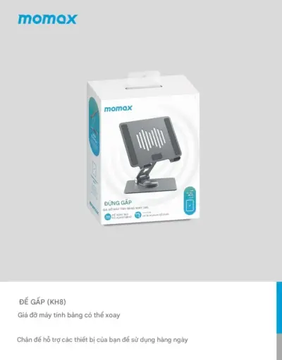 Giá đỡ máy tính bảng xoay gấp MOMAX KH8 - Nâng tầm trải nghiệm sử dụng máy tính bảng của bạn với <strong>Giá đỡ máy tính bảng xoay gấp MOMAX KH8</strong>. Thiết kế đa năng cho phép xoay 360 độ và gấp gọn tiện lợi, giúp bạn thoải mái xem phim, làm việc, học online hay gọi video rảnh tay. <strong>MOMAX KH8</strong> được chế tạo từ vật liệu bền bỉ, mang lại sự ổn định và chắc chắn cho thiết bị của bạn. Điều chỉnh góc nhìn dễ dàng để có tư thế thoải mái nhất, giảm mỏi cổ và lưng. <strong>Giá đỡ MOMAX KH8</strong> là phụ kiện hoàn hảo cho mọi không gian, từ bàn làm việc đến nhà bếp hay khi di chuyển.