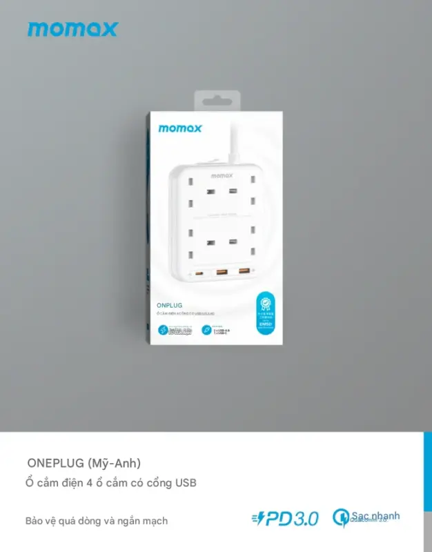 Ổ cắm điện 4 ổ cắm MOMAX US3UK OnePlug có cổng USB - Giải pháp tiện lợi cho không gian làm việc và sinh hoạt của bạn! <strong>Ổ cắm điện MOMAX US3UK</strong> OnePlug tích hợp 4 ổ cắm chuẩn UK và các cổng sạc USB hữu ích (có thể hỗ trợ sạc nhanh tùy phiên bản). Thiết kế nhỏ gọn, dễ dàng đặt trên bàn, sàn nhà hoặc mang theo khi cần. <strong>MOMAX US3UK</strong> cho phép bạn cấp nguồn cho các thiết bị điện và sạc đồng thời điện thoại, máy tính bảng. Tích hợp các tính năng bảo vệ an toàn tiên tiến, <strong>Ổ cắm điện MOMAX US3UK</strong> mang đến sự an tâm tuyệt đối. Đơn giản, hiệu quả và đáng tin cậy.