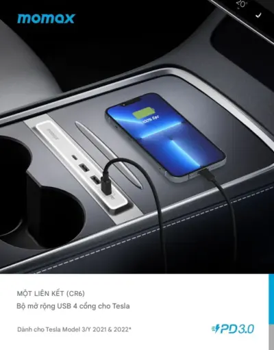 Bộ chuyển đổi MOMAX CR6S mở rộng USB 4 cổng OneLink cho Tesla - Mở rộng khả năng kết nối USB trên chiếc Tesla của bạn với <strong>Bộ chuyển đổi MOMAX CR6S</strong> OneLink 4 cổng. Được thiết kế riêng cho Tesla Model 3 và Model Y (đời tương thích), <strong>MOMAX CR6S</strong> tích hợp liền mạch vào vị trí cổng USB trung tâm, biến 1 hoặc 2 cổng gốc thành 4 cổng đa năng. Sử dụng <strong>MOMAX CR6S</strong> để kết nối ổ cứng lưu trữ camera an ninh, sạc nhanh điện thoại, cắm USB nghe nhạc, hoặc kết nối các thiết bị ngoại vi khác. Thiết kế nhỏ gọn, thẩm mỹ, không dây rối rắm. <strong>Bộ chuyển đổi MOMAX CR6S</strong> là phụ kiện thiết yếu, tối ưu hóa trải nghiệm sử dụng Tesla của bạn.