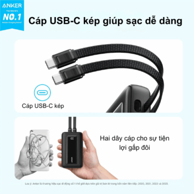 Pin Sạc Dự Phòng Anker A1681C - Anker Zolo 20.000mAh 30W A1681C Tích Hợp Hai Cáp USB-C Pin Sạc Dự Phòng Anker A1681C - Anker Zolo 20.000mAh 30W A1681C Tích Hợp Hai Cáp USB-C - <strong>Pin Sạc Dự Phòng Anker Zolo A1681C</strong> dung lượng 20.000mAh, sạc nhanh 30W qua cáp USB-C. Tích hợp 2 cáp USB-C, cổng USB-C, USB-A, sạc 4 thiết bị cùng lúc. <strong>A1681C</strong> nhỏ gọn, lý tưởng cho Samsung.