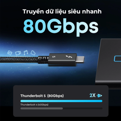 Cáp Thunderbolt 5 Anker Prime A84N1 (1m) - Mở Khóa Tốc Độ 80Gbps, Sạc Nhanh 240W - Chào mừng đến với tương lai của kết nối với cáp Thunderbolt 5 Anker Prime <strong>A84N1</strong>. Đây không chỉ là một sợi cáp, mà là chìa khóa mở ra tiềm năng tối đa cho các thiết bị chuyên nghiệp của bạn. Trải nghiệm tốc độ truyền dữ liệu chưa từng có lên đến 80Gbps, truyền tải những file dung lượng khổng lồ trong chớp mắt. Hỗ trợ công suất sạc đột phá 240W EPR, cấp nguồn cho cả những chiếc laptop gaming và máy trạm mạnh mẽ nhất. Xuất hình ảnh siêu nét ra nhiều màn hình 8K một cách mượt mà. Được chế tạo theo tiêu chuẩn "Prime" cao cấp nhất của Anker, cáp <strong>A84N1</strong> là sự đầu tư xứng đáng để nâng cấp hiệu suất làm việc và giải trí của bạn.
